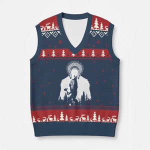 Bigfoot Native American Chief V-Neck Knit Sweater Vest Hunting Spear Warrior Graphic