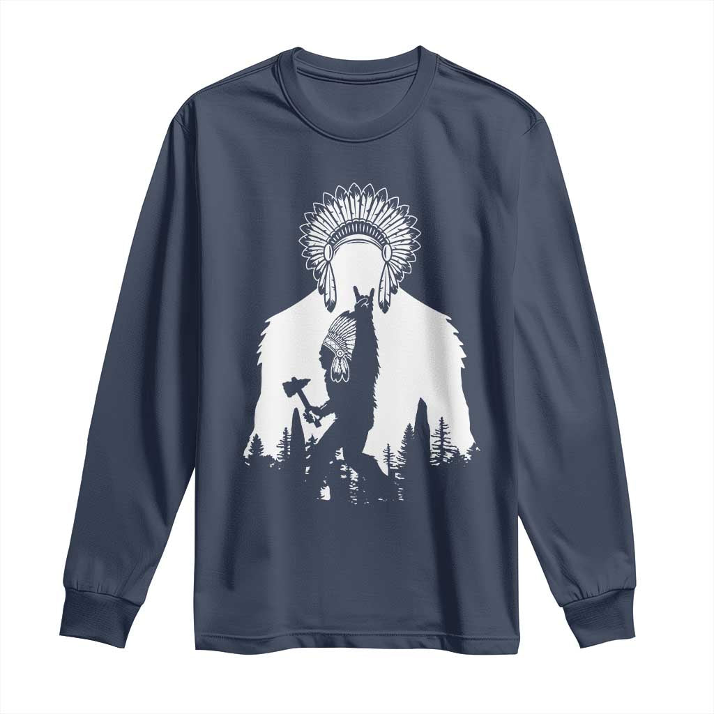 Bigfoot Native American Chief Long Sleeve Shirt Hunting Spear Warrior Graphic