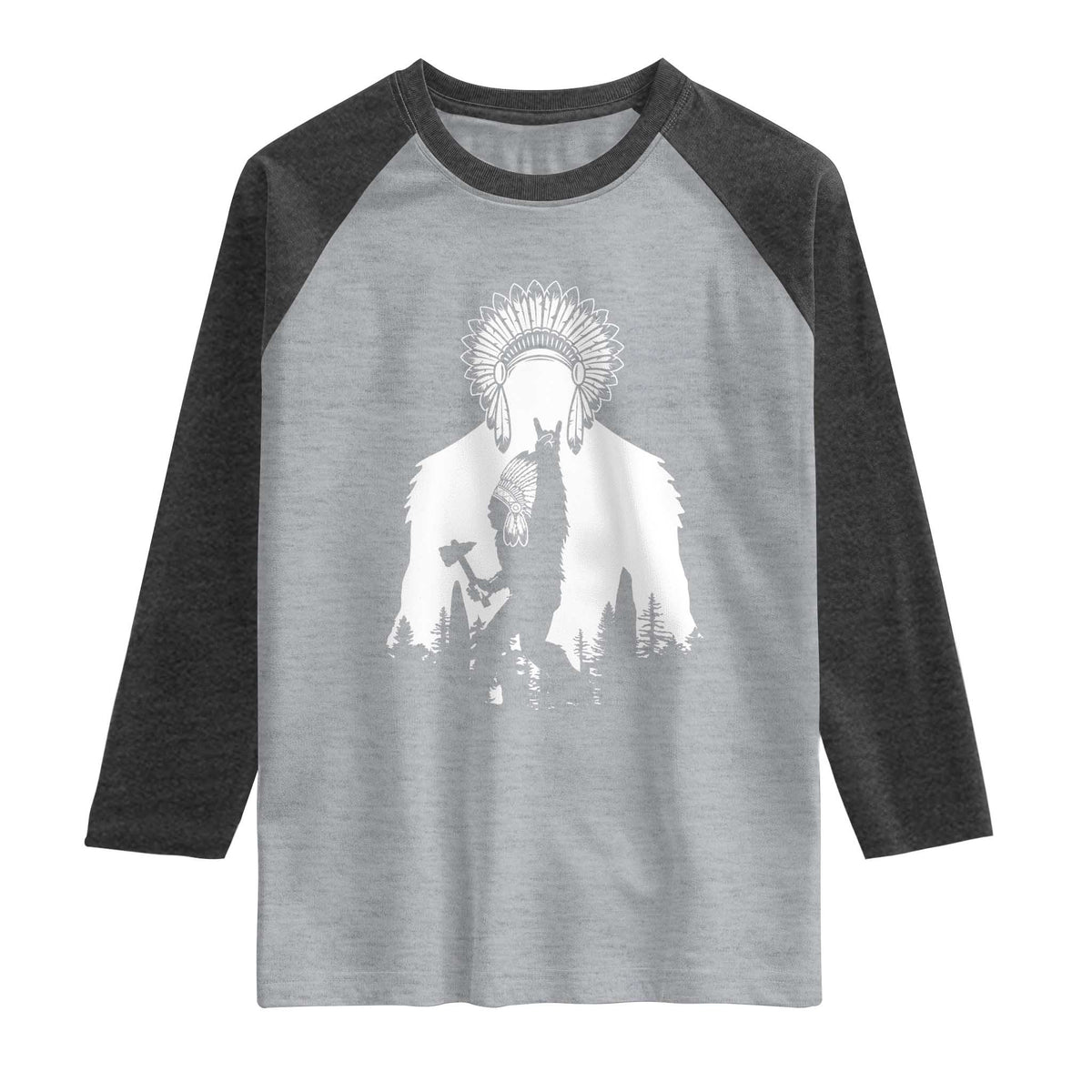 Bigfoot Native American Chief Raglan Shirt Hunting Spear Warrior Graphic