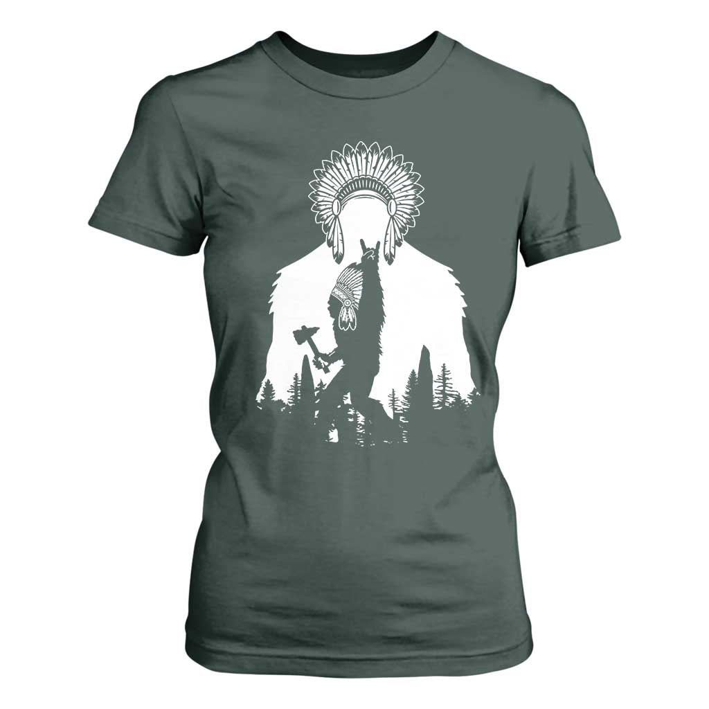 Bigfoot Native American Chief T Shirt For Women Hunting Spear Warrior Graphic