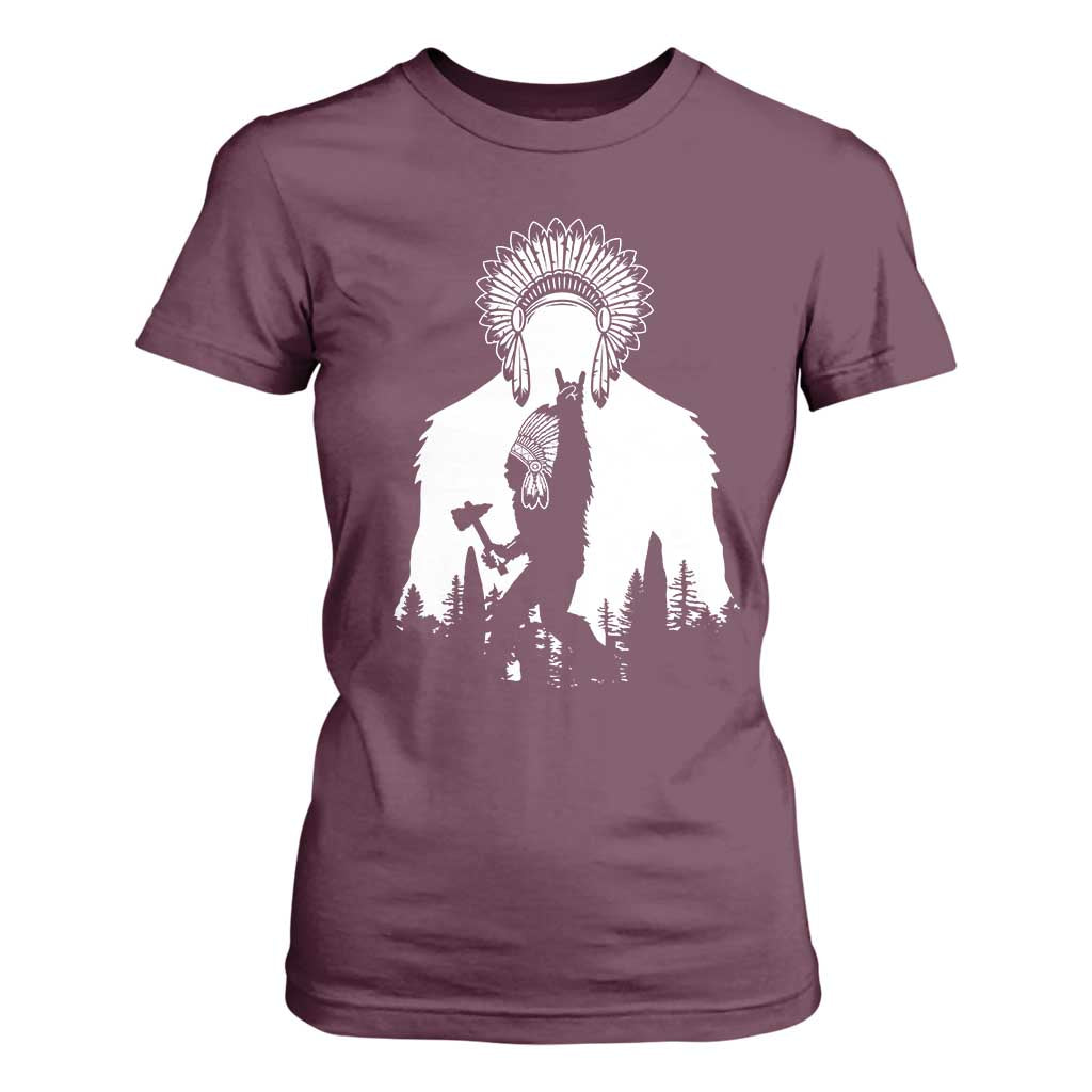 Bigfoot Native American Chief T Shirt For Women Hunting Spear Warrior Graphic