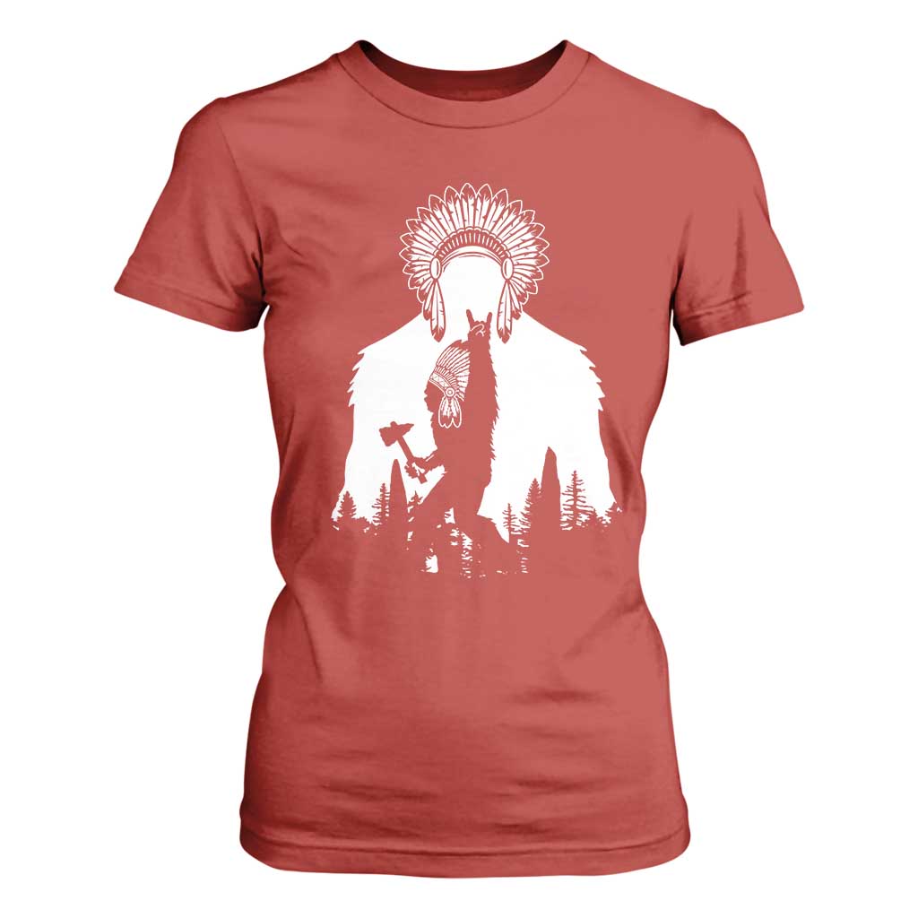 Bigfoot Native American Chief T Shirt For Women Hunting Spear Warrior Graphic