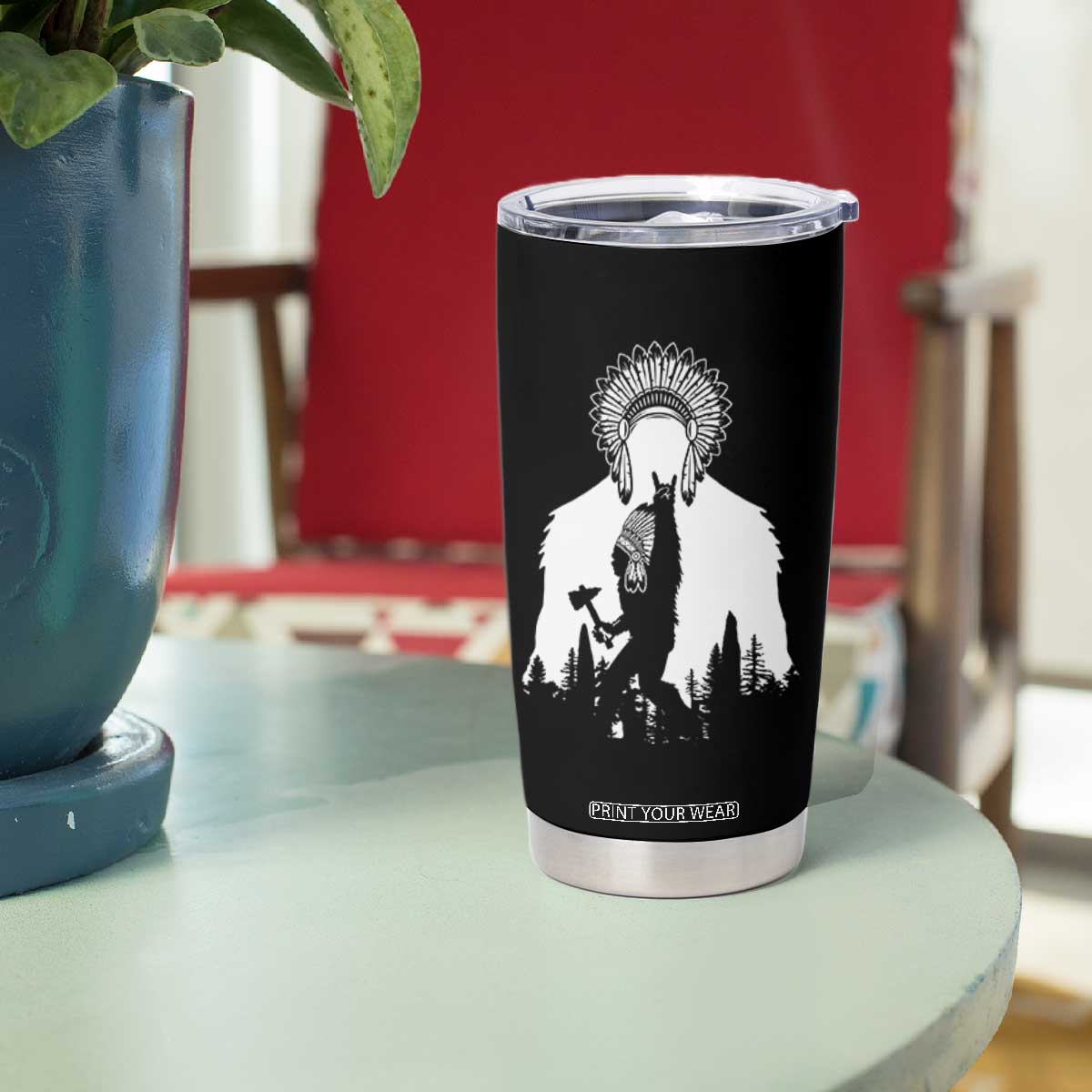 Bigfoot Native American Chief Tumbler Cup Hunting Spear Warrior Graphic