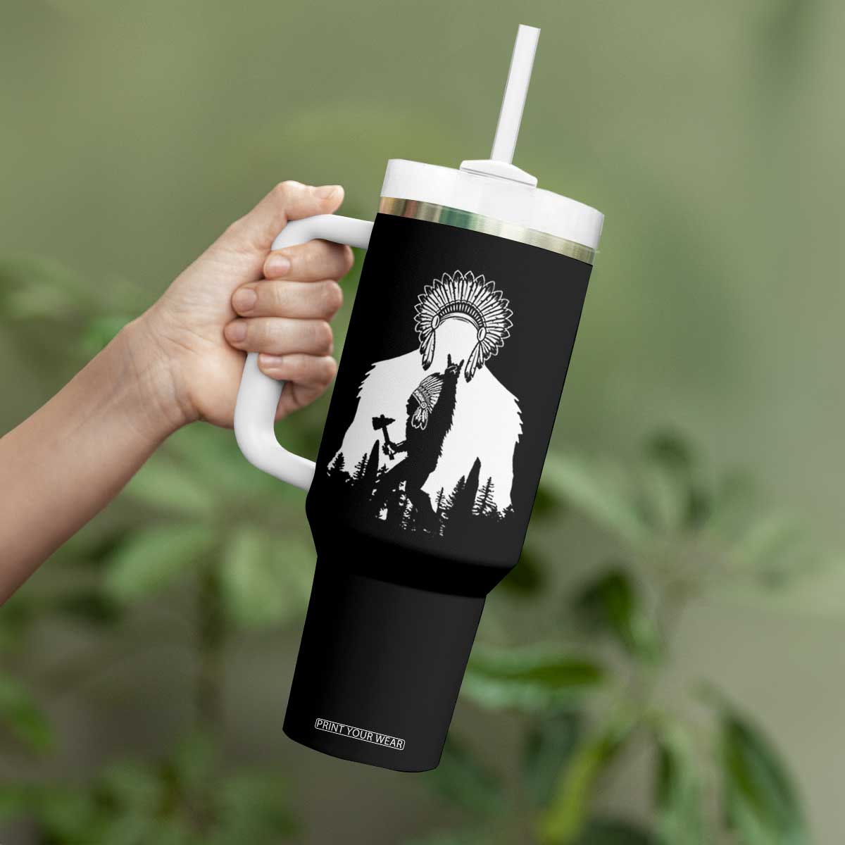 Bigfoot Native American Chief Tumbler With Handle Hunting Spear Warrior Graphic