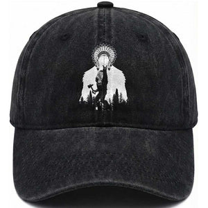 Bigfoot Native American Chief Washed Cotton Baseball Cap Hunting Spear Warrior Graphic