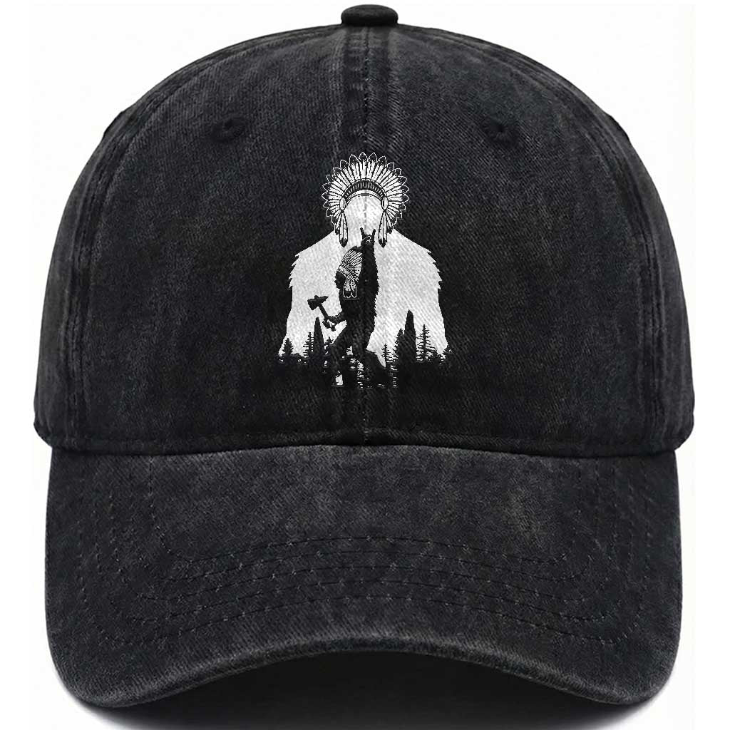 Bigfoot Native American Chief Washed Cotton Baseball Cap Hunting Spear Warrior Graphic TS12 Print Your Wear