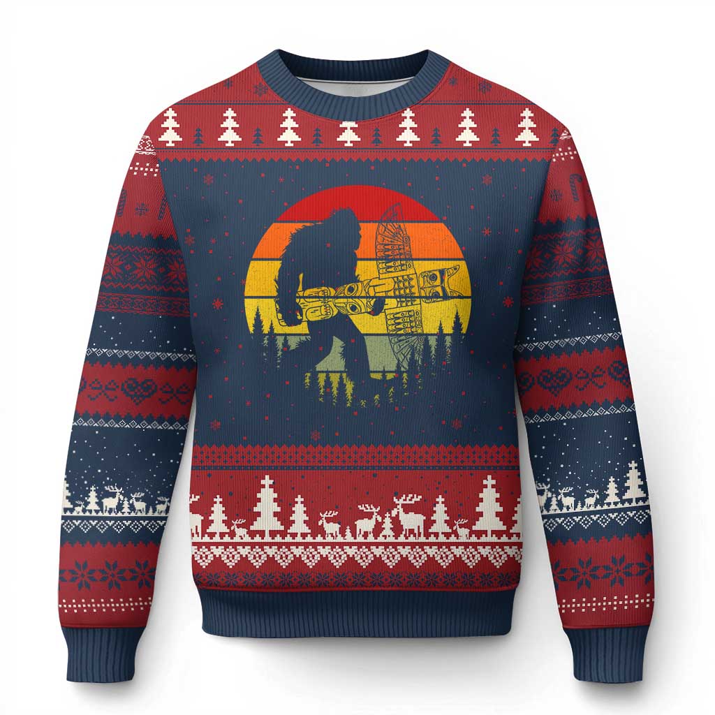 Vintage Pacific Northwest Bigfoot With Totem Pole Ugly Christmas Sweater TS12 Navy Red Print Your Wear