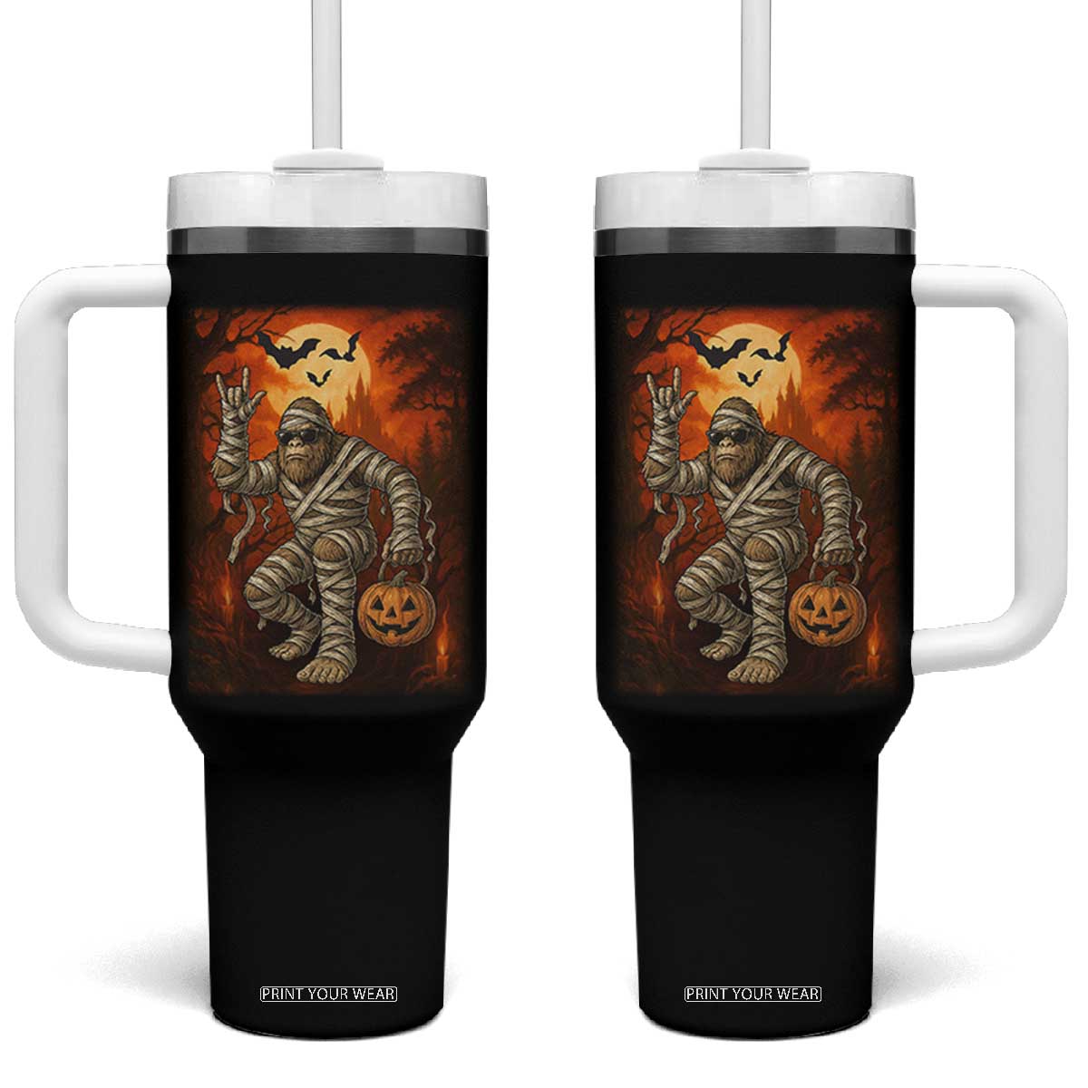 Halloween Mummy Bigfoot Tumbler With Handle Funny Cryptid Gift TS12 One Size: 40 oz Black Print Your Wear