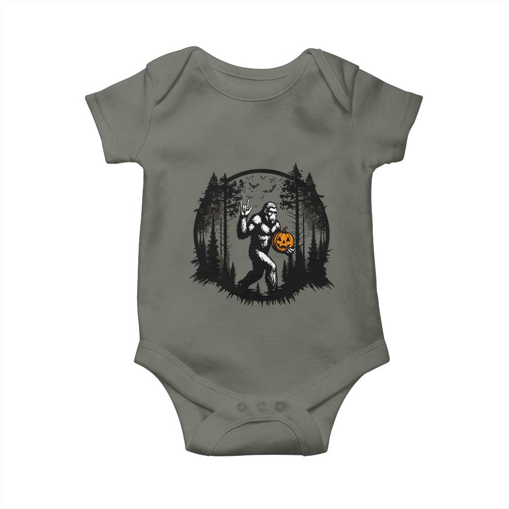 Funny Halloween Bigfoot With Jack O Lantern Baby Onesie TS12 Military Green Print Your Wear