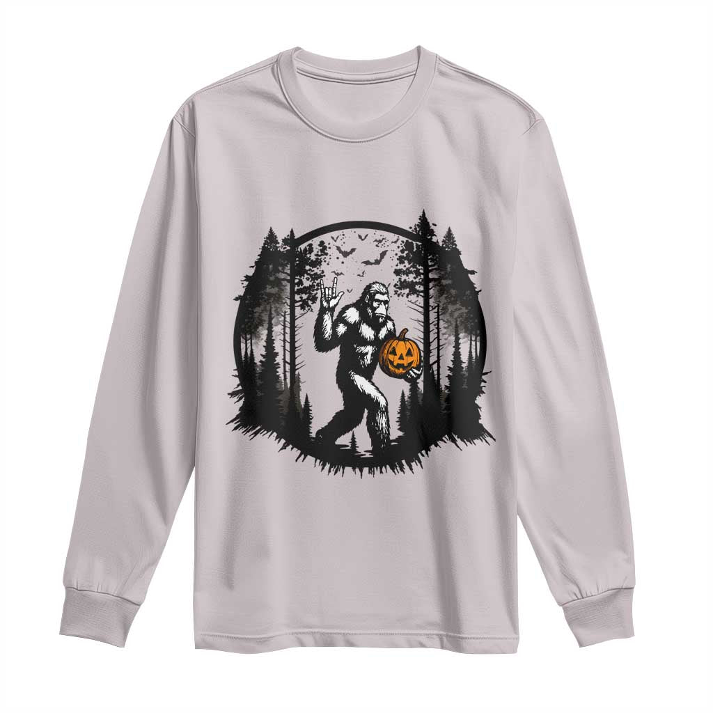 Funny Halloween Bigfoot With Jack O Lantern Long Sleeve Shirt TS12 Ice Gray Print Your Wear