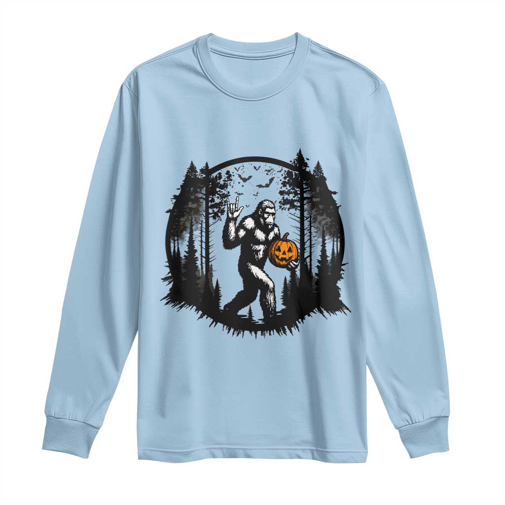 Funny Halloween Bigfoot With Jack O Lantern Long Sleeve Shirt TS12 Light Blue Print Your Wear