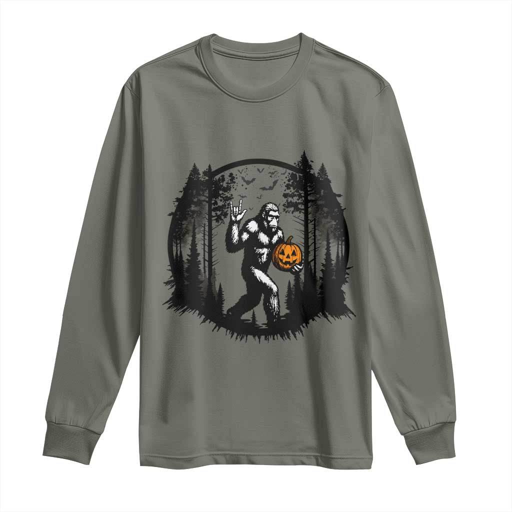 Funny Halloween Bigfoot With Jack O Lantern Long Sleeve Shirt TS12 Military Green Print Your Wear