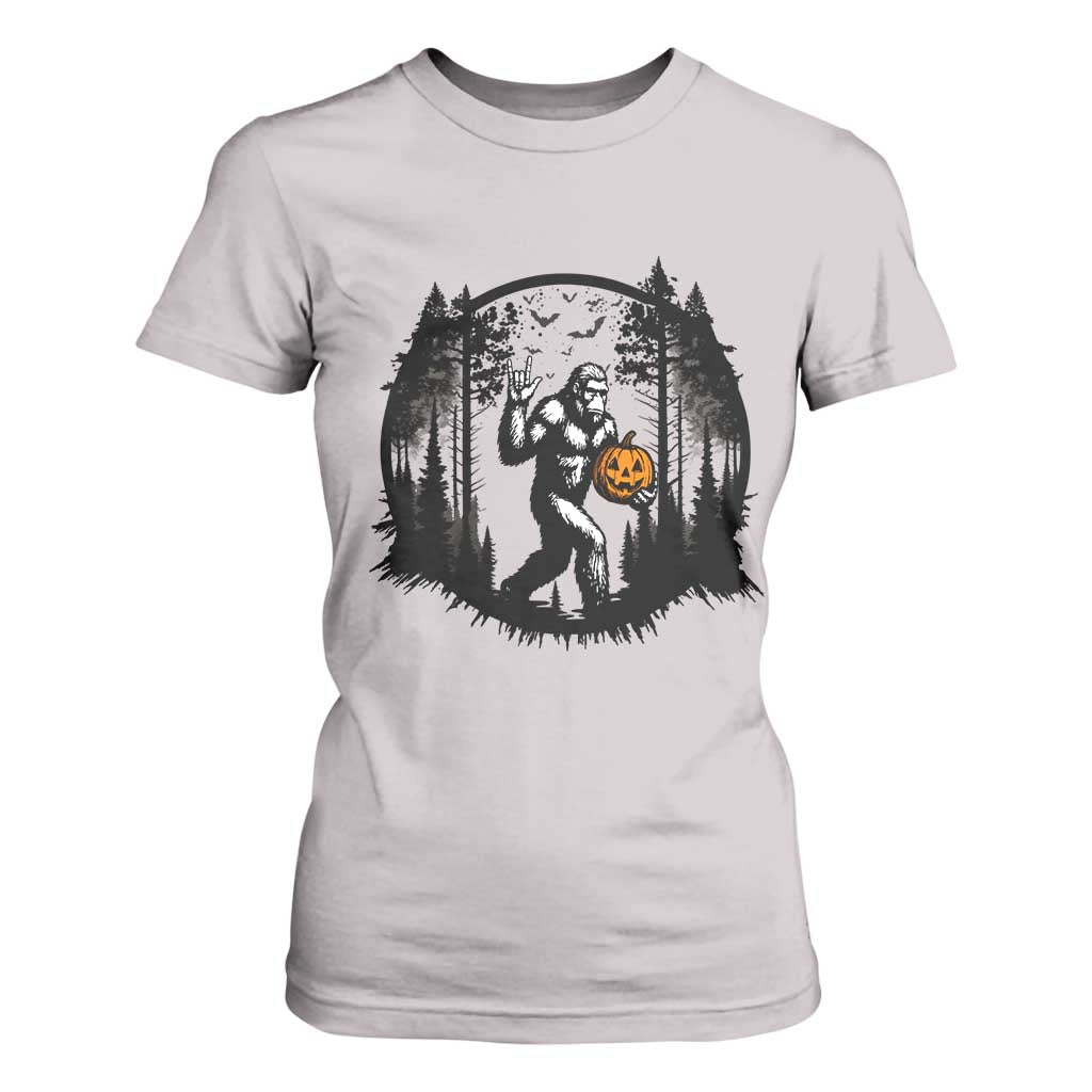 Funny Halloween Bigfoot With Jack O Lantern T Shirt For Women TS12 Ice Gray Print Your Wear