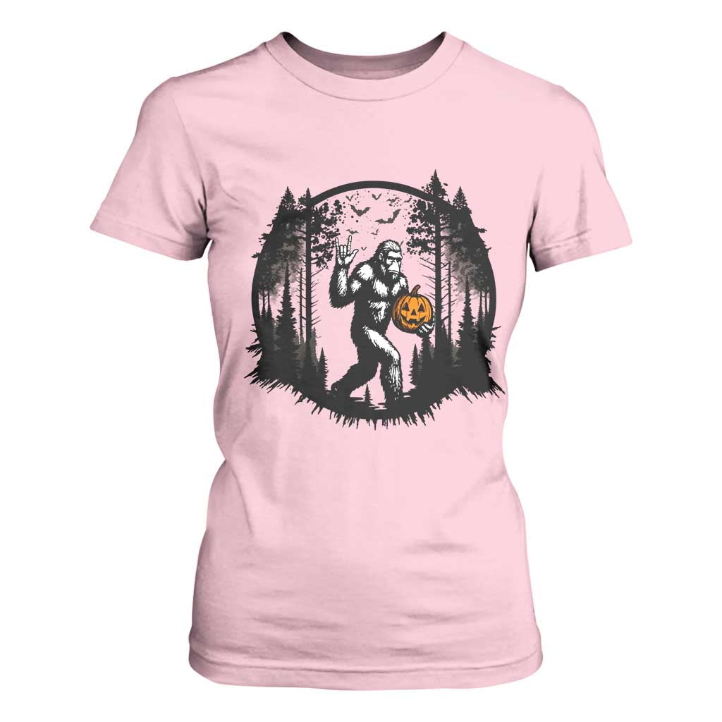 Funny Halloween Bigfoot With Jack O Lantern T Shirt For Women TS12 Light Pink Print Your Wear