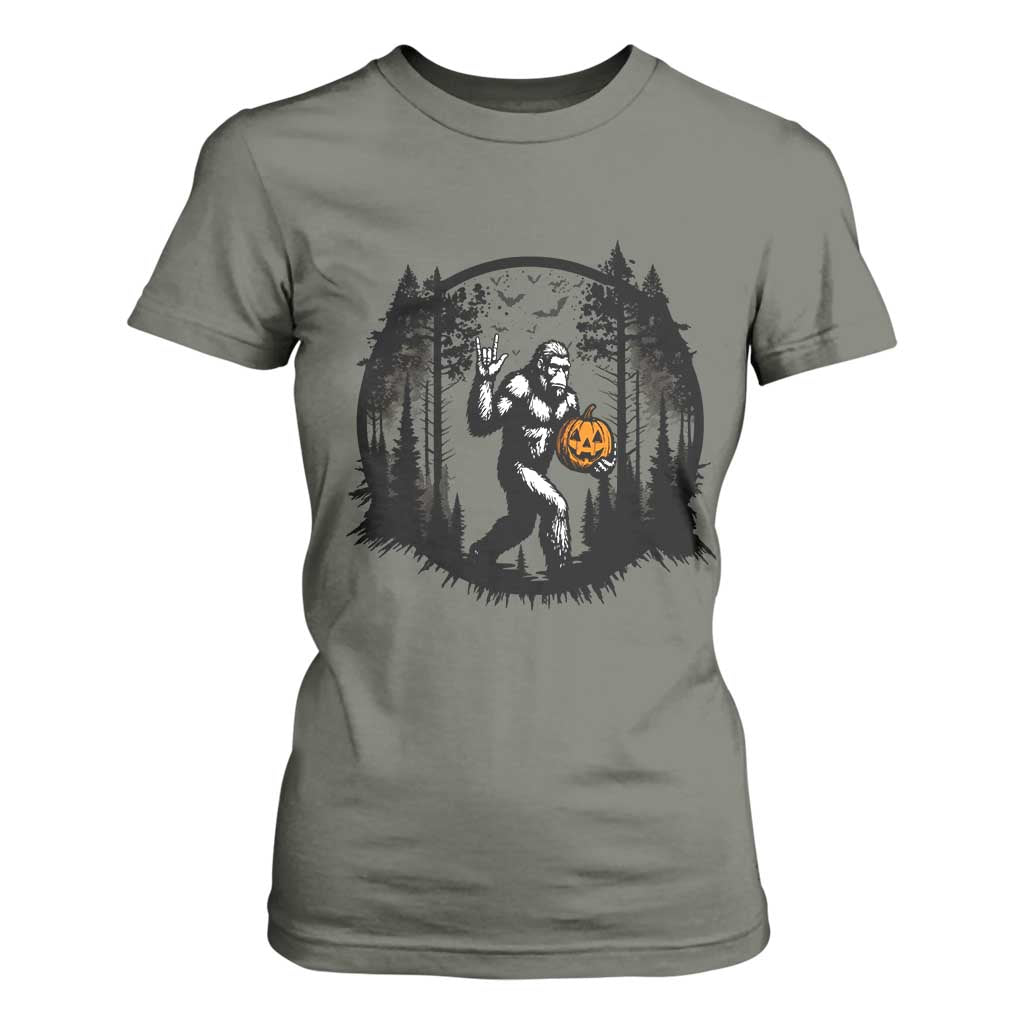 Funny Halloween Bigfoot With Jack O Lantern T Shirt For Women TS12 Military Green Print Your Wear