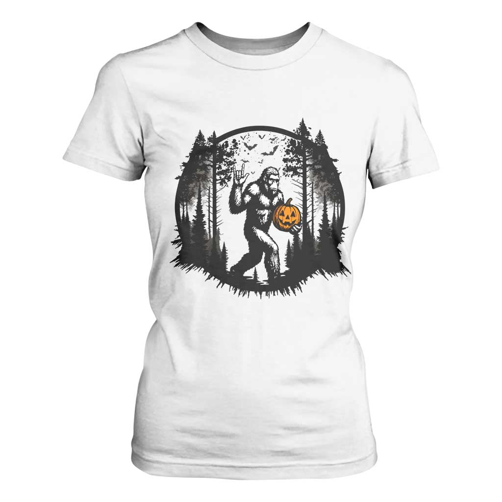 Funny Halloween Bigfoot With Jack O Lantern T Shirt For Women TS12 White Print Your Wear