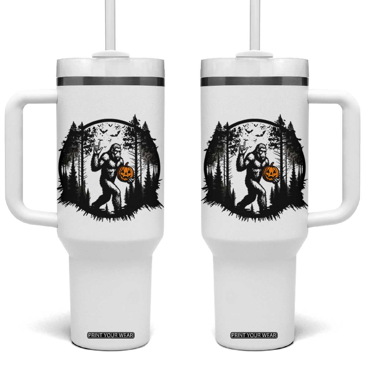 Funny Halloween Bigfoot With Jack O Lantern Tumbler With Handle TS12 One Size: 40 oz White Print Your Wear