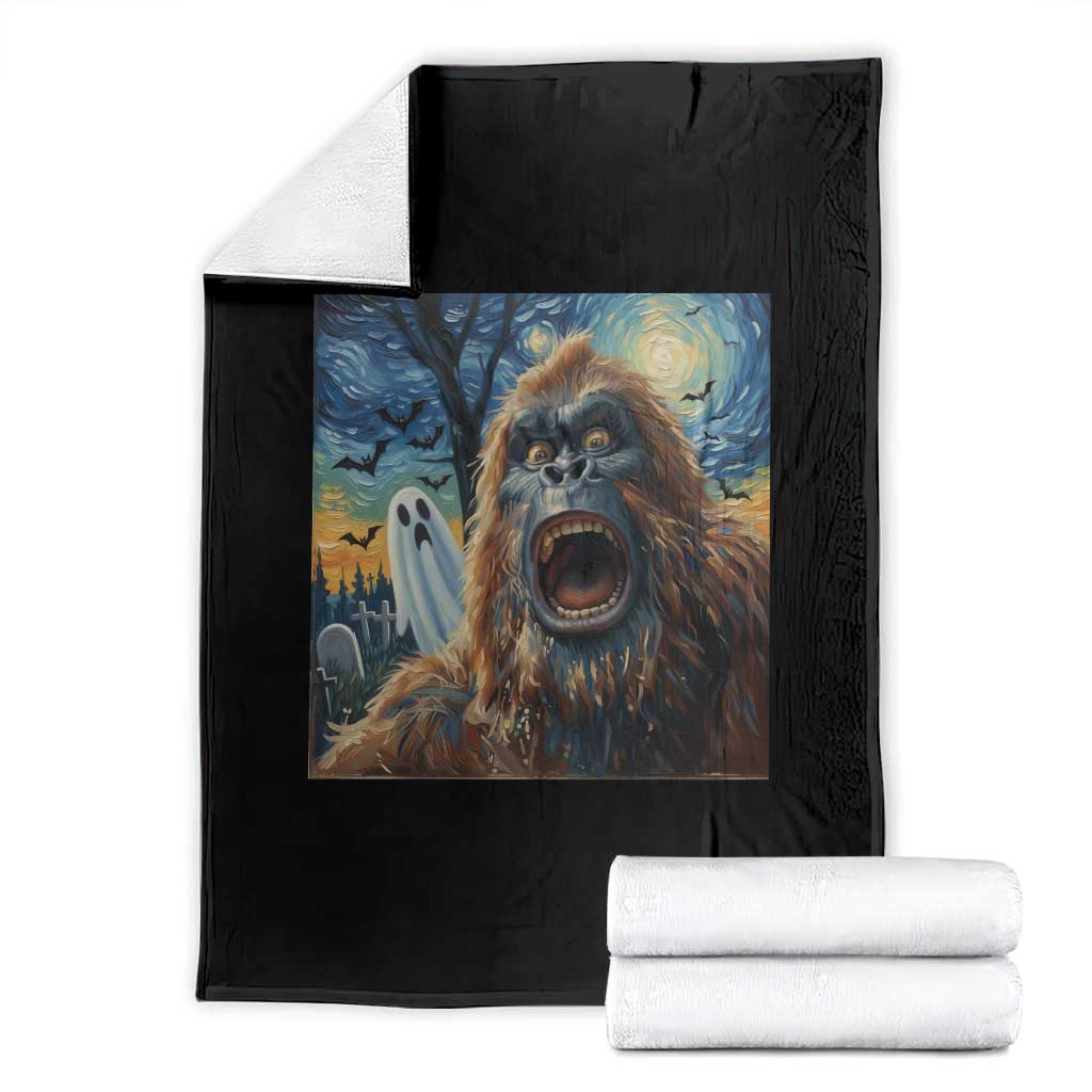 Funny Halloween Throw Blanket Bigfoot Selfie With Ghost Starry Night Art TS12 Black Print Your Wear