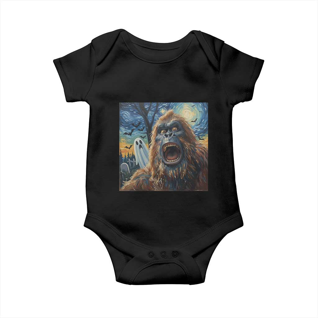 Funny Halloween Baby Onesie Bigfoot Selfie With Ghost Starry Night Art TS12 Black Print Your Wear