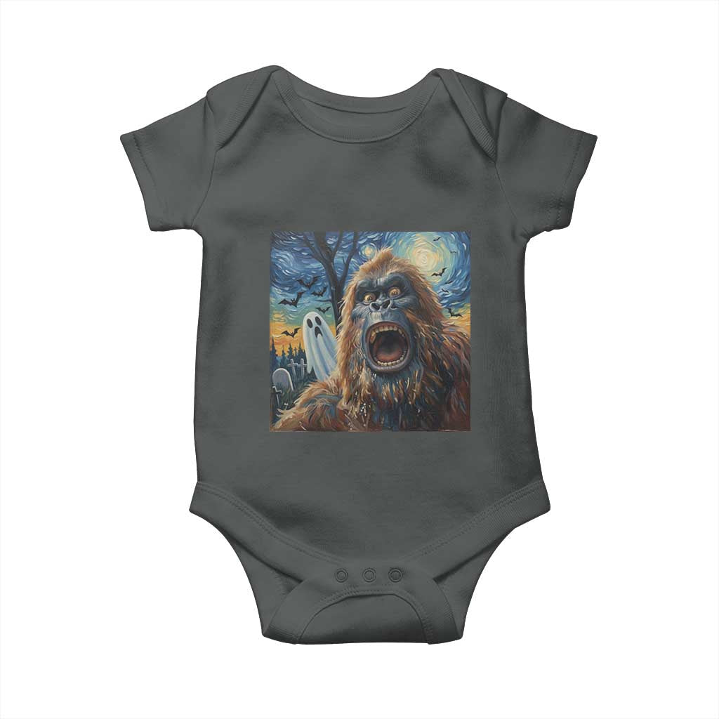 Funny Halloween Baby Onesie Bigfoot Selfie With Ghost Starry Night Art TS12 Dark Heather Print Your Wear