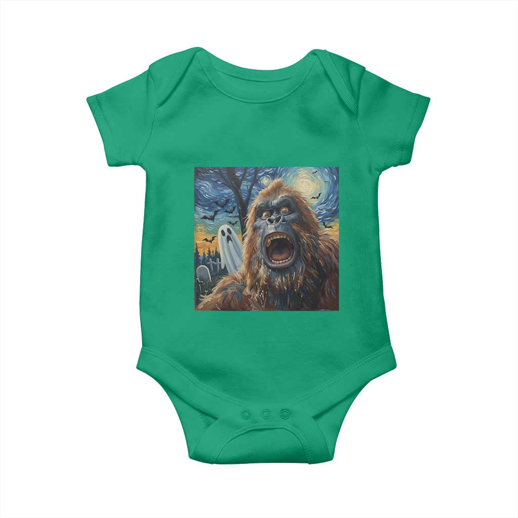 Funny Halloween Baby Onesie Bigfoot Selfie With Ghost Starry Night Art TS12 Irish Green Print Your Wear