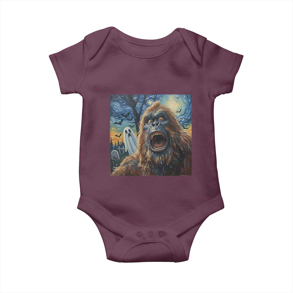 Funny Halloween Baby Onesie Bigfoot Selfie With Ghost Starry Night Art TS12 Maroon Print Your Wear