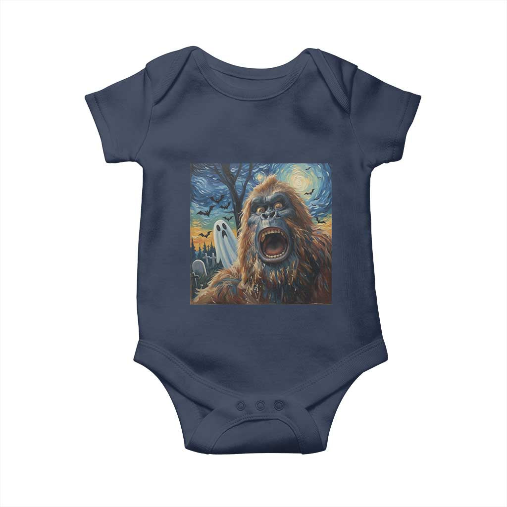 Funny Halloween Baby Onesie Bigfoot Selfie With Ghost Starry Night Art TS12 Navy Print Your Wear