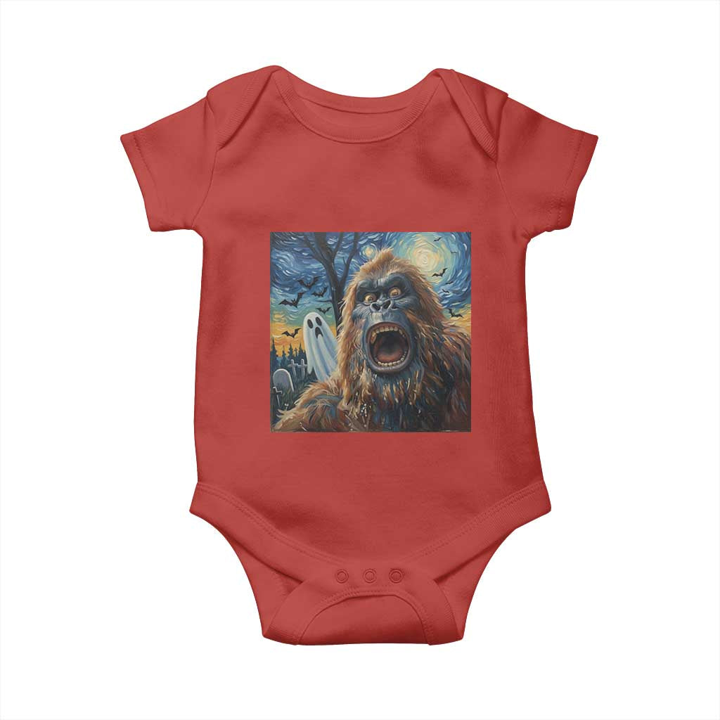 Funny Halloween Baby Onesie Bigfoot Selfie With Ghost Starry Night Art TS12 Red Print Your Wear