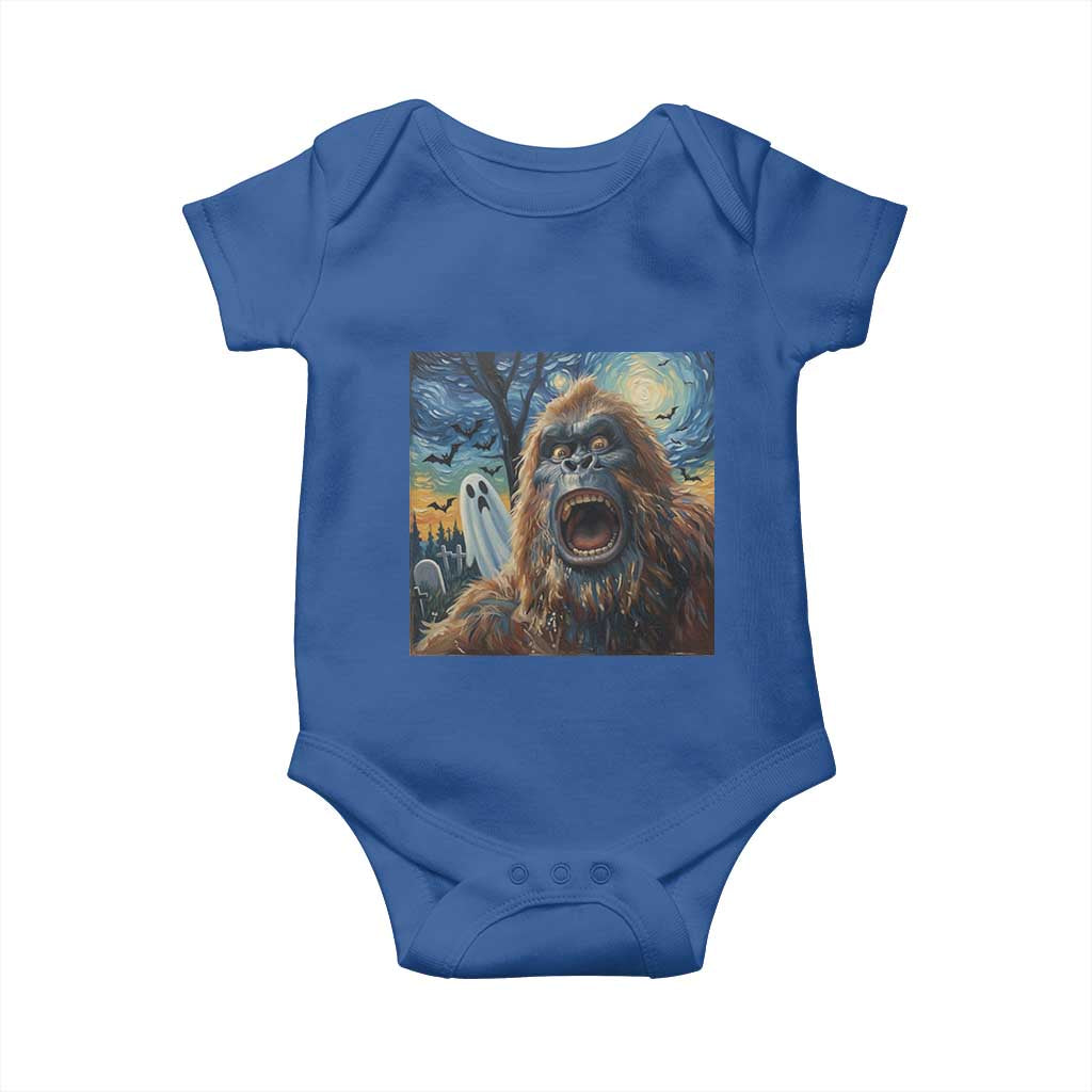 Funny Halloween Baby Onesie Bigfoot Selfie With Ghost Starry Night Art TS12 Royal Blue Print Your Wear