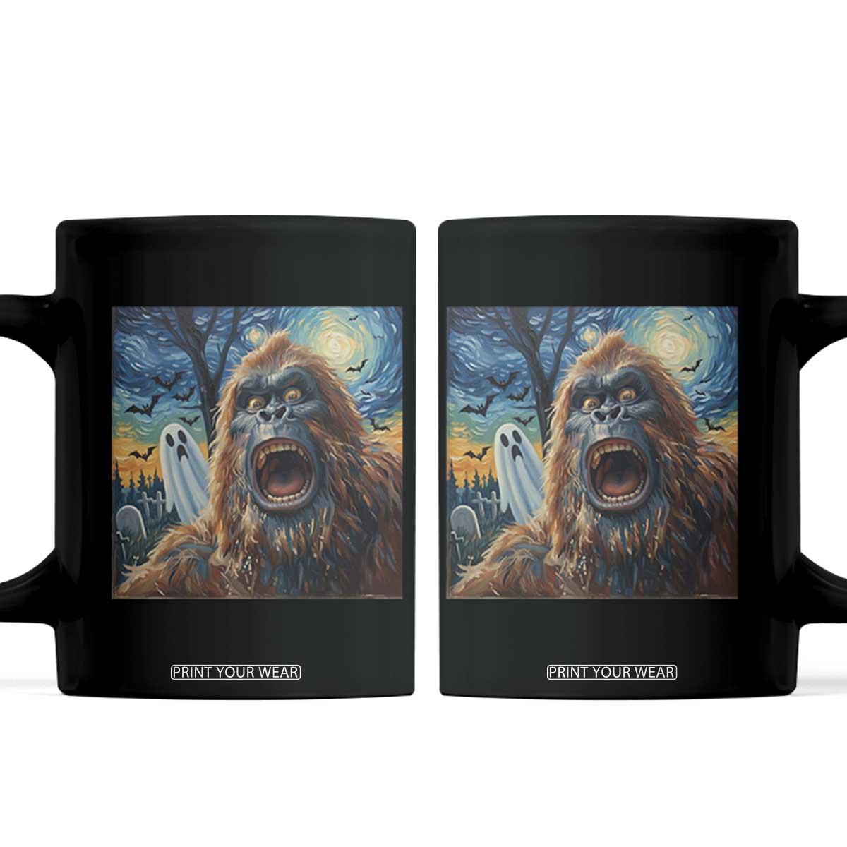Funny Halloween Coffee Mug Bigfoot Selfie With Ghost Starry Night Art TS12 Black Print Your Wear