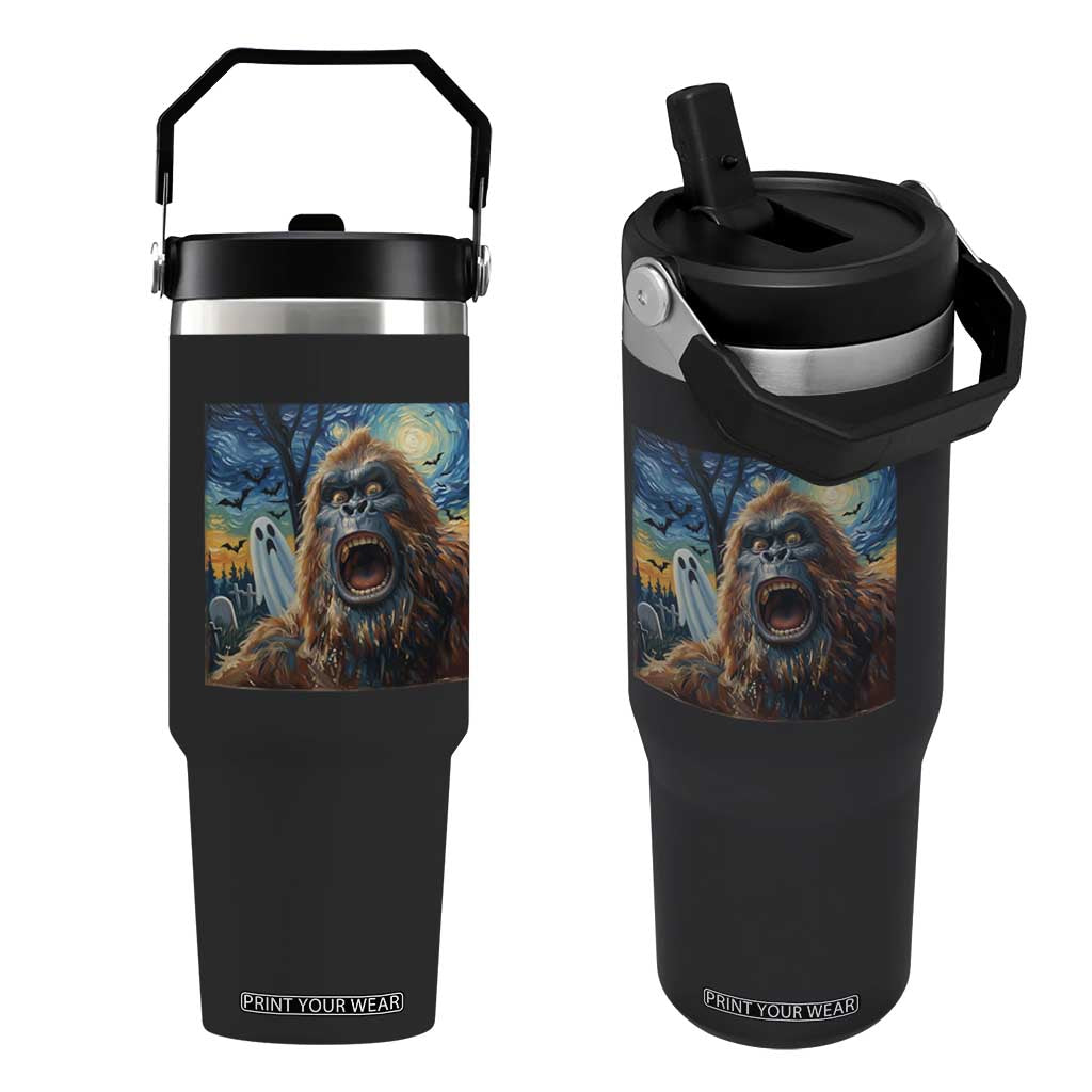 Funny Halloween Flip Straw Tumbler Bigfoot Selfie With Ghost Starry Night Art TS12 One Size: 30 oz Black Print Your Wear