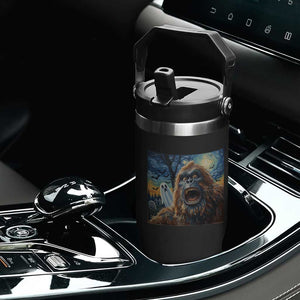 Funny Halloween Flip Straw Tumbler Bigfoot Selfie With Ghost Starry Night Art TS12 Print Your Wear