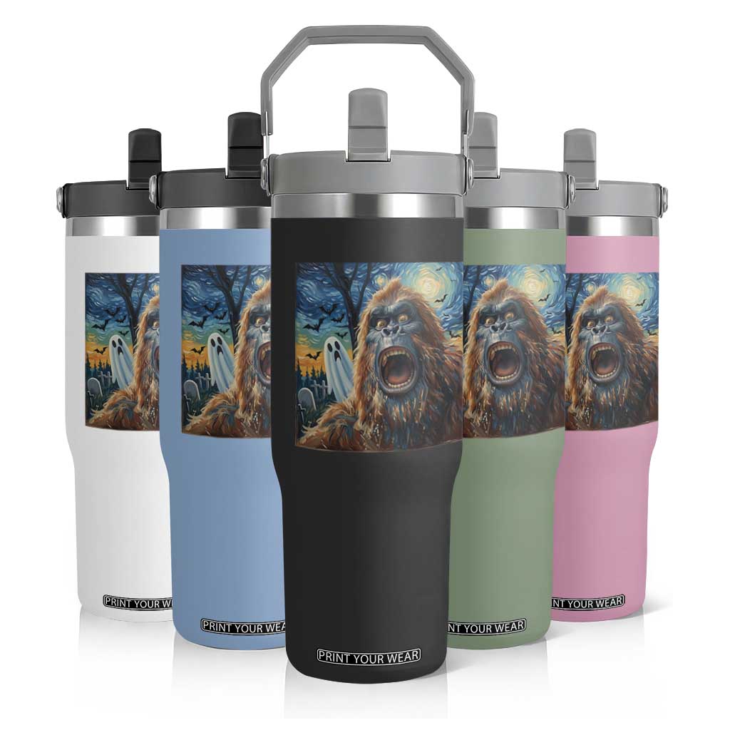 Funny Halloween Flip Straw Tumbler Bigfoot Selfie With Ghost Starry Night Art TS12 Print Your Wear