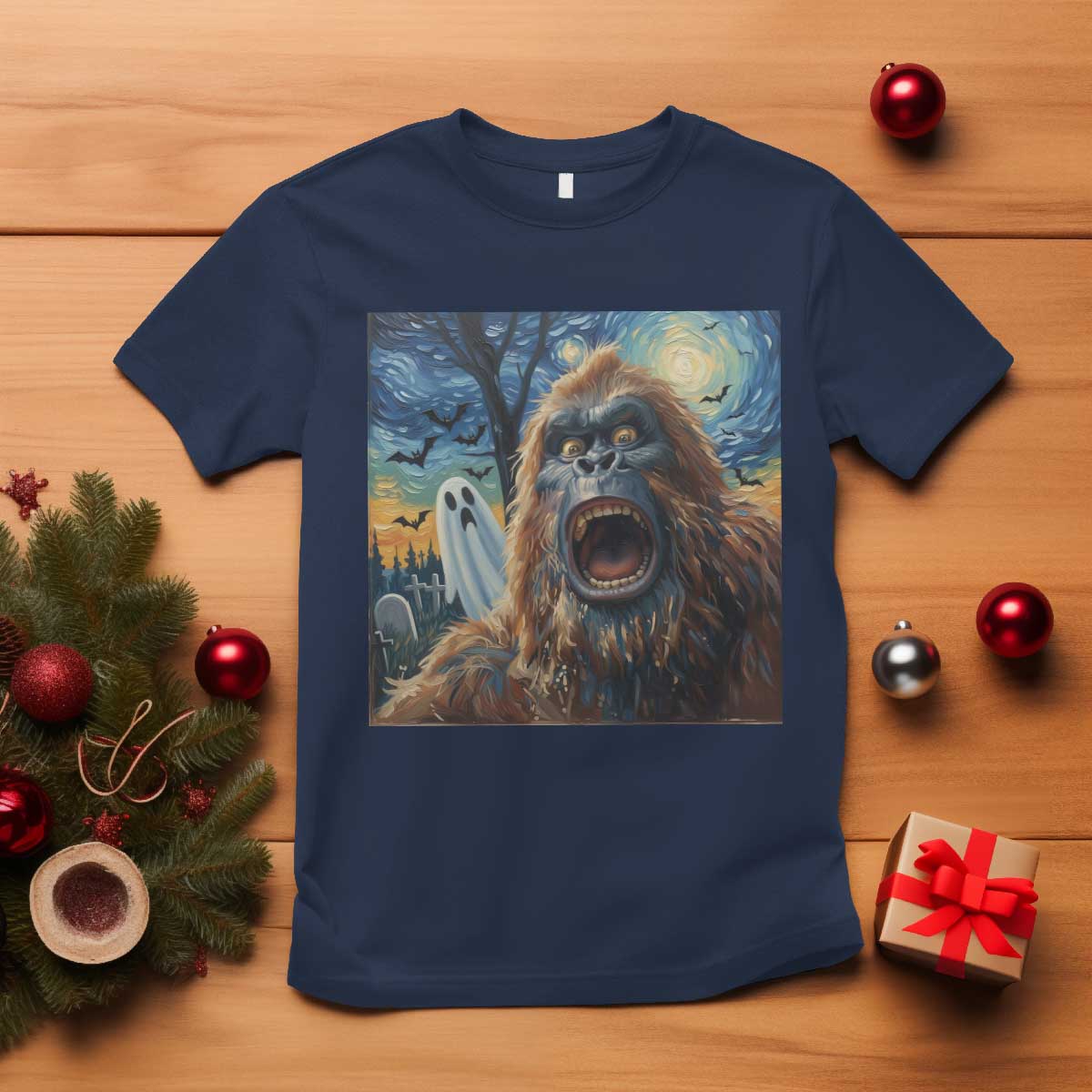 Funny Halloween T Shirt Bigfoot Selfie With Ghost Starry Night Art TS12 Navy Print Your Wear