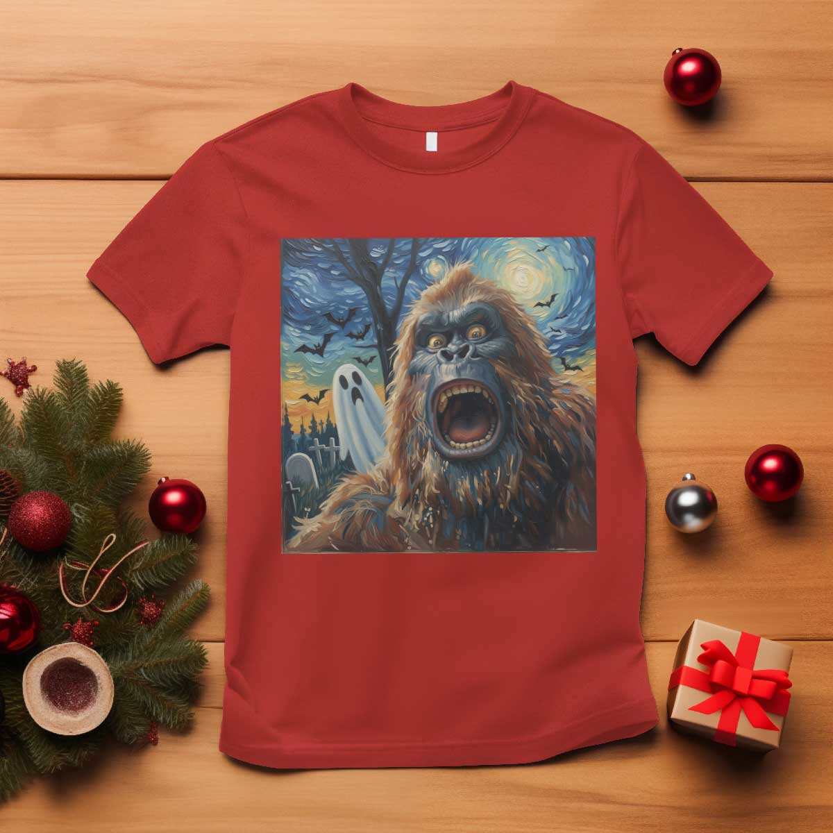 Funny Halloween T Shirt Bigfoot Selfie With Ghost Starry Night Art TS12 Red Print Your Wear
