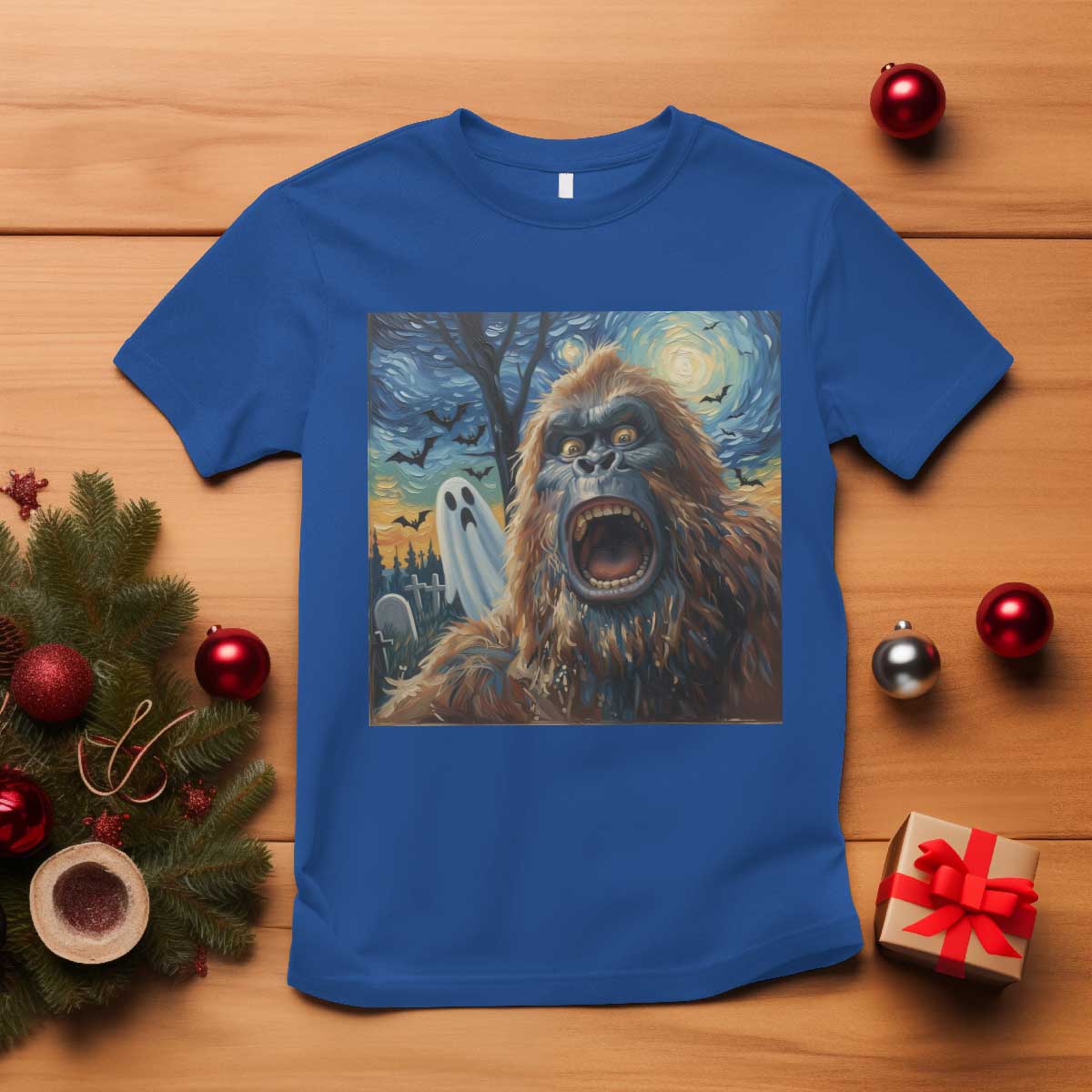 Funny Halloween T Shirt Bigfoot Selfie With Ghost Starry Night Art TS12 Royal Blue Print Your Wear
