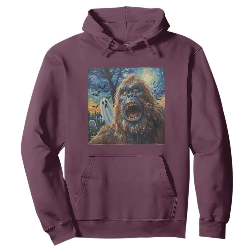 Funny Halloween Hoodie Bigfoot Selfie With Ghost Starry Night Art TS12 Maroon Print Your Wear