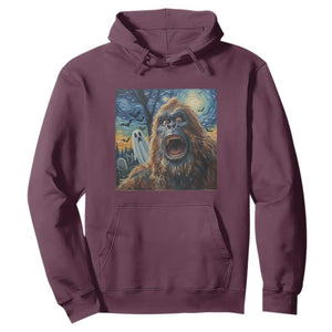 Funny Halloween Hoodie Bigfoot Selfie With Ghost Starry Night Art TS12 Maroon Print Your Wear