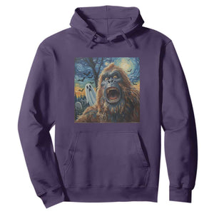 Funny Halloween Hoodie Bigfoot Selfie With Ghost Starry Night Art TS12 Purple Print Your Wear