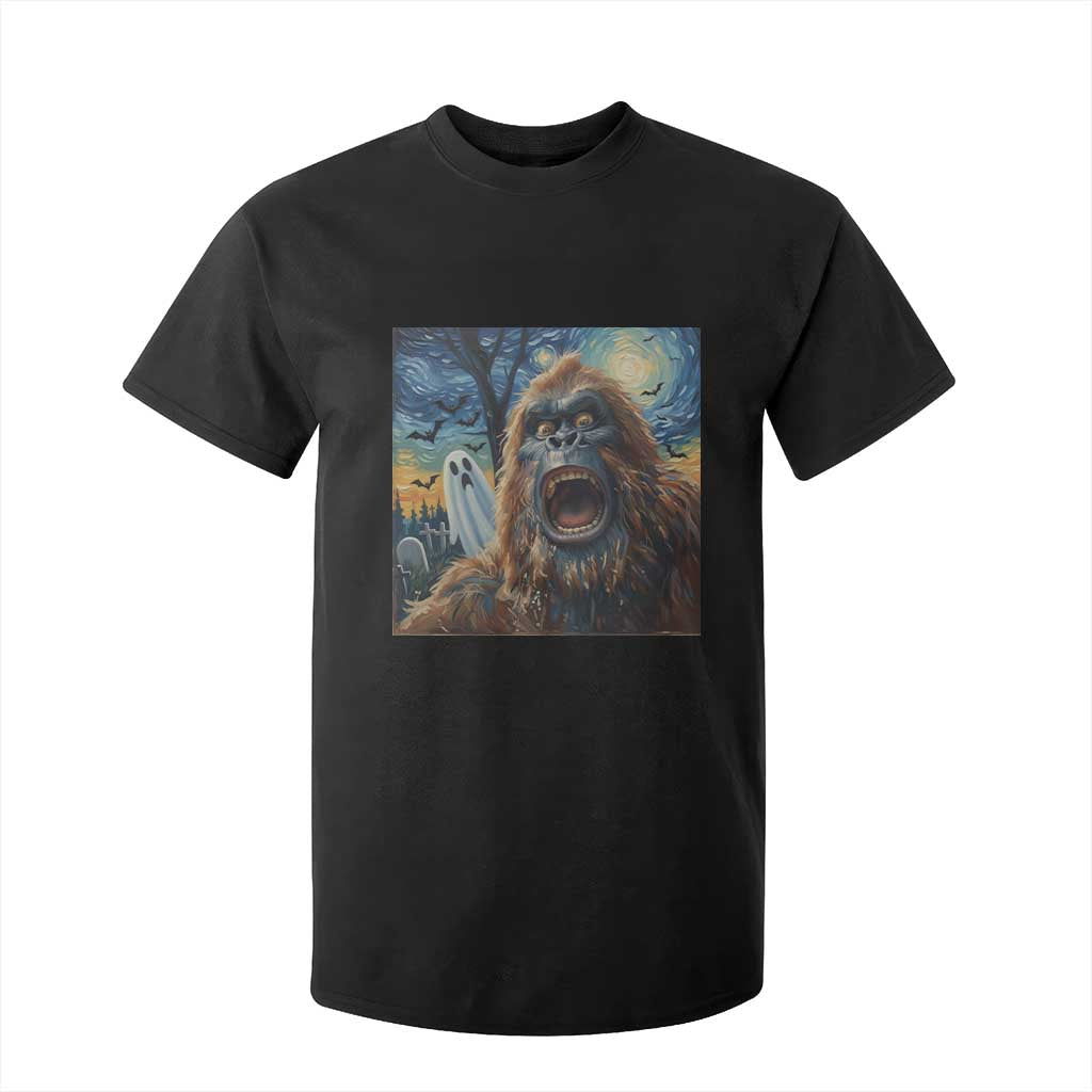 Funny Halloween T Shirt For Kid Bigfoot Selfie With Ghost Starry Night Art TS12 Black Print Your Wear