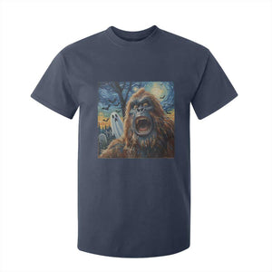Funny Halloween T Shirt For Kid Bigfoot Selfie With Ghost Starry Night Art TS12 Navy Print Your Wear
