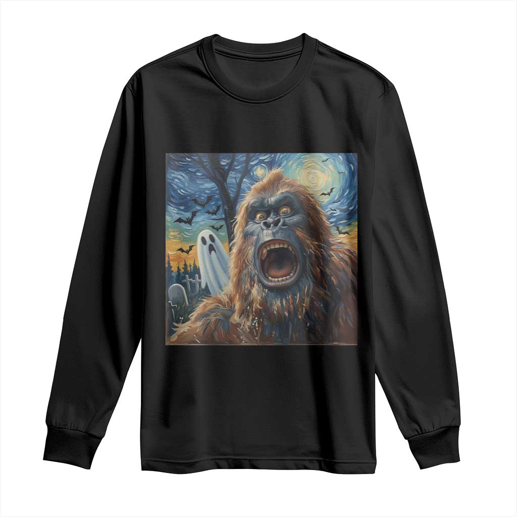 Funny Halloween Long Sleeve Shirt Bigfoot Selfie With Ghost Starry Night Art TS12 Black Print Your Wear