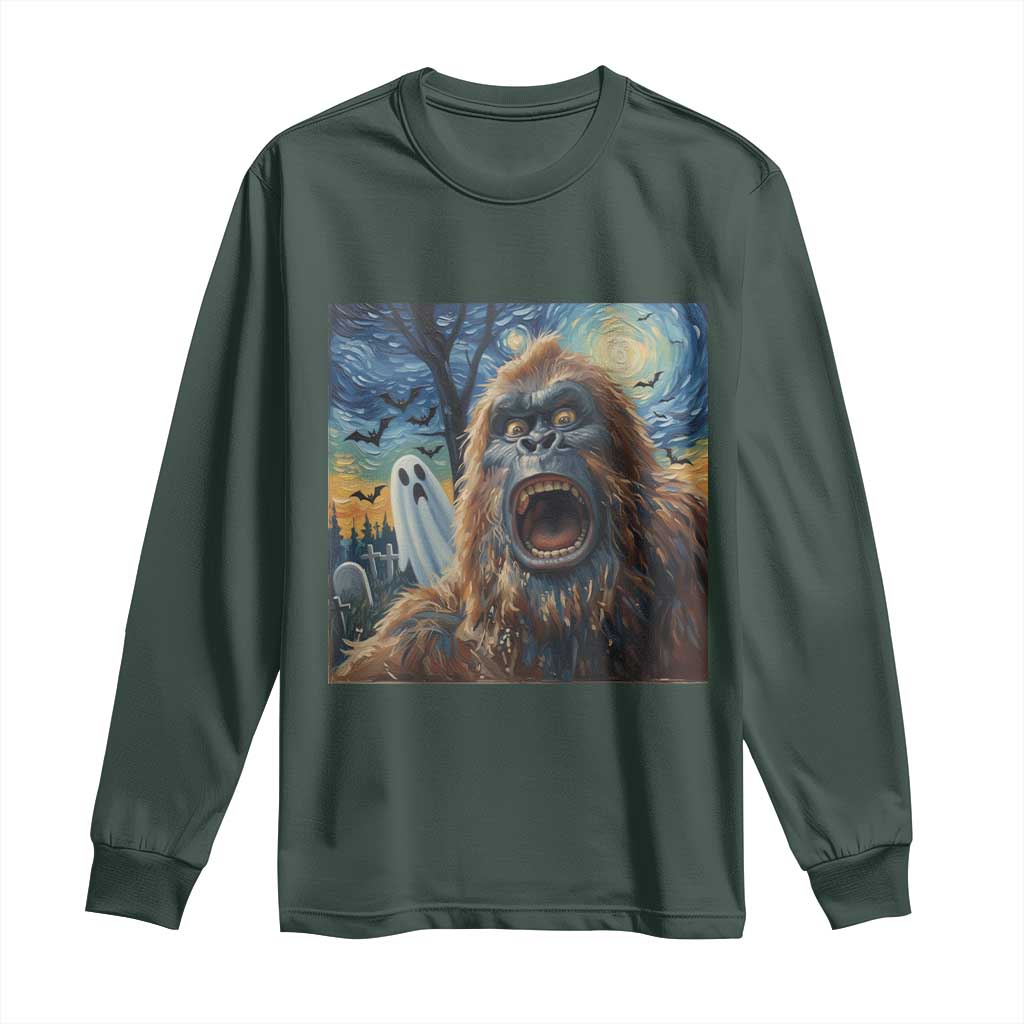 Funny Halloween Long Sleeve Shirt Bigfoot Selfie With Ghost Starry Night Art TS12 Dark Forest Green Print Your Wear