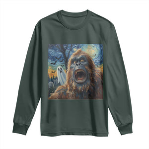 Funny Halloween Long Sleeve Shirt Bigfoot Selfie With Ghost Starry Night Art TS12 Dark Forest Green Print Your Wear