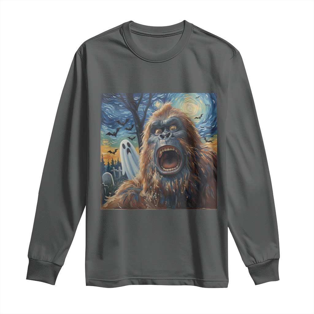 Funny Halloween Long Sleeve Shirt Bigfoot Selfie With Ghost Starry Night Art TS12 Dark Heather Print Your Wear