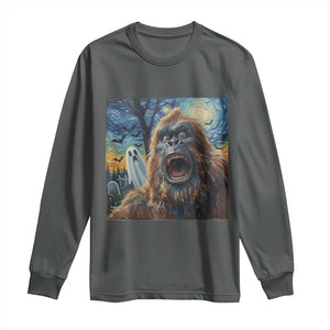 Funny Halloween Long Sleeve Shirt Bigfoot Selfie With Ghost Starry Night Art TS12 Dark Heather Print Your Wear