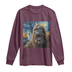 Funny Halloween Long Sleeve Shirt Bigfoot Selfie With Ghost Starry Night Art TS12 Maroon Print Your Wear