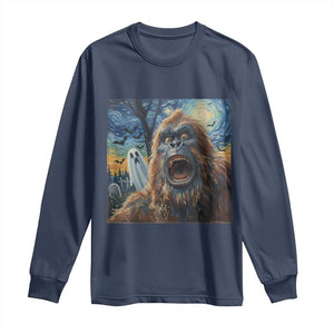 Funny Halloween Long Sleeve Shirt Bigfoot Selfie With Ghost Starry Night Art TS12 Navy Print Your Wear