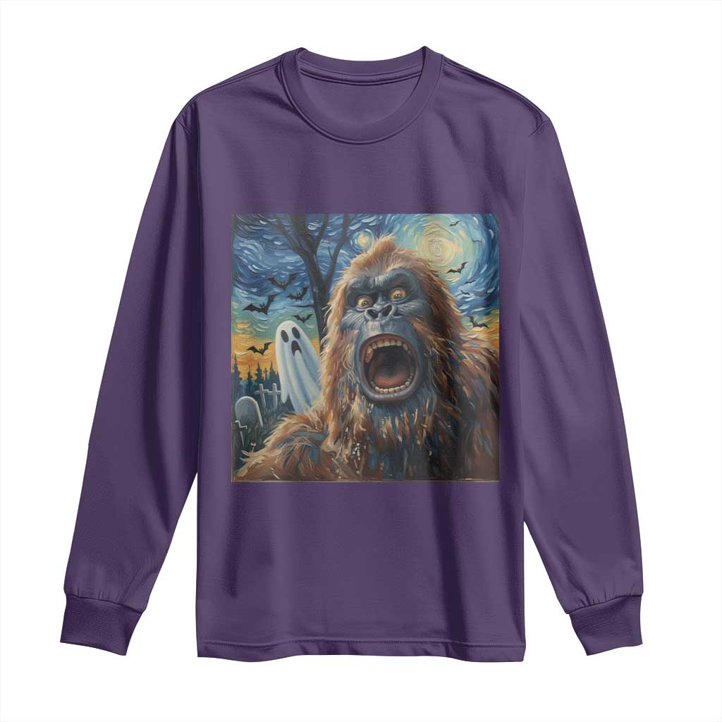 Funny Halloween Long Sleeve Shirt Bigfoot Selfie With Ghost Starry Night Art TS12 Purple Print Your Wear