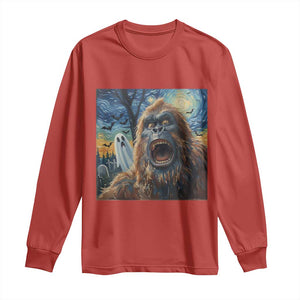 Funny Halloween Long Sleeve Shirt Bigfoot Selfie With Ghost Starry Night Art TS12 Red Print Your Wear